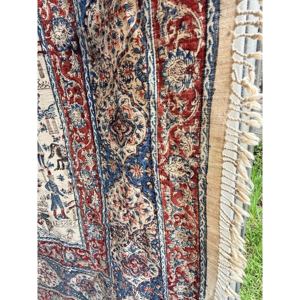 Antique Persian Fringed Cloth Tapestry Qajar Hunting & Polo Scene 52 X 52